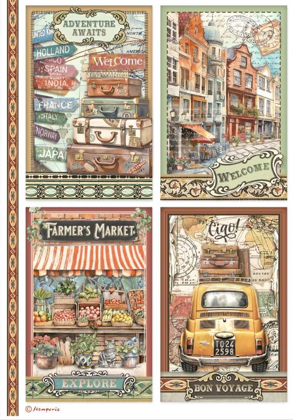 Stamperia Rice Papier Art of Travelling 4 Cards A4 1 Bogen Stamperia Rice Papier Art of Travelling 4 Cards A4 1 Bogen